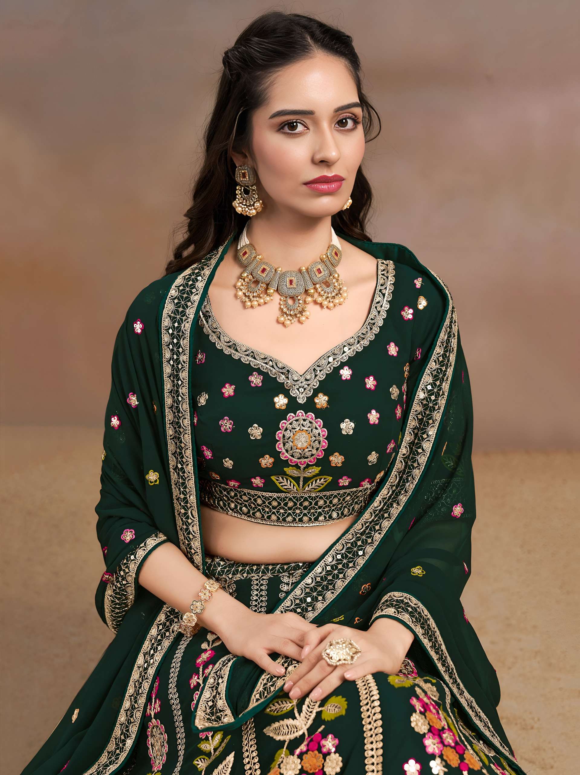Bottle Green Multicolor colour Georgette and Floral fabric with Embroidered work Lehenga choli wholesale in surat 6008 Green 